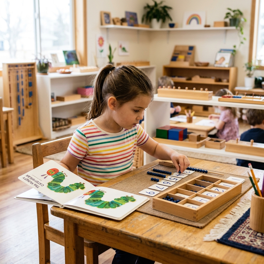 Child focused on reading a picture book and working with math materials